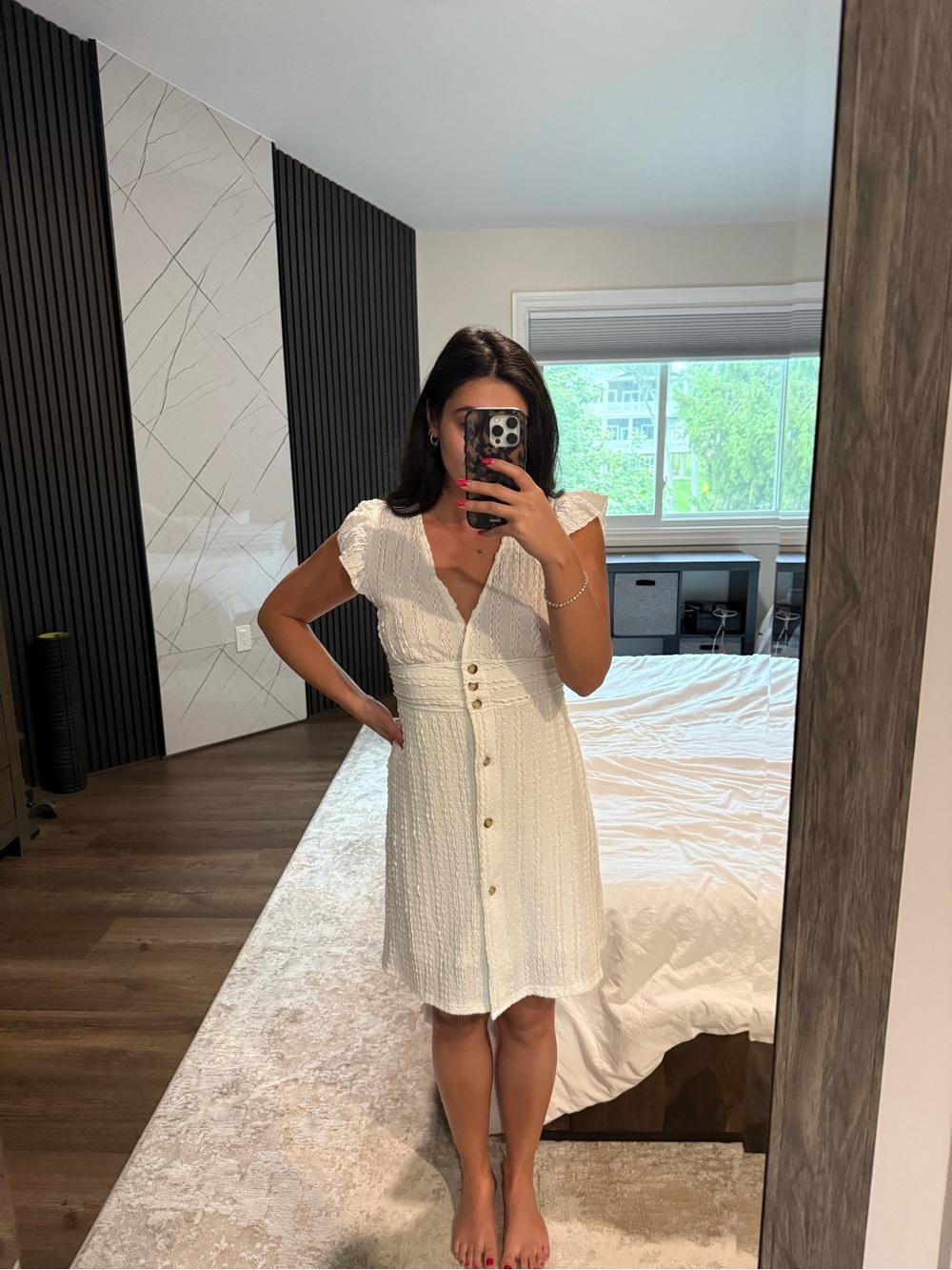 White Button-Front Textured V-Neck Dress
